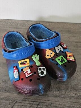 Crocs Classic Lined Clog Red Blue Boy J 2 With Charms